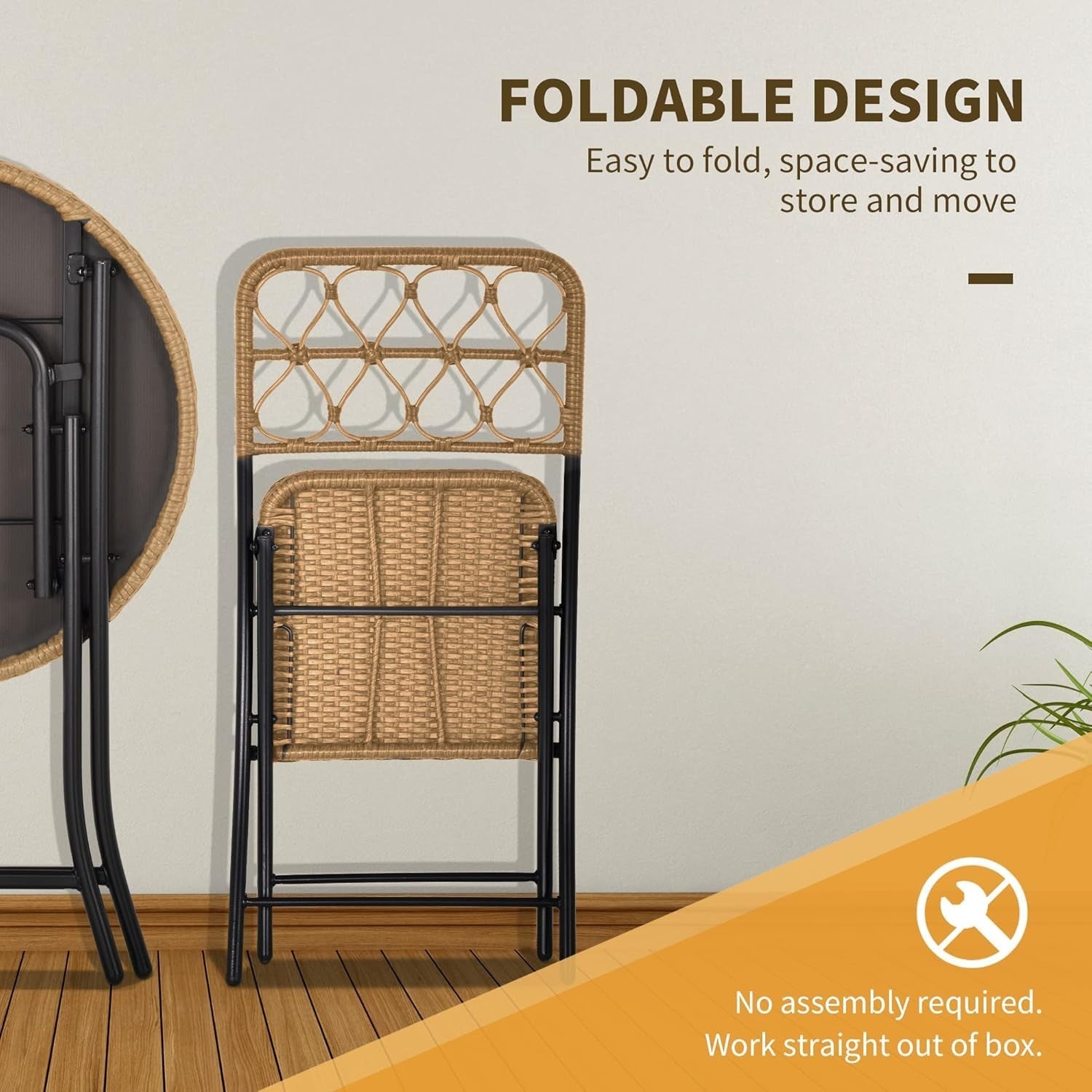 Folding Rattan Bistro Set 2 Chairs Round Table Compact Balcony Patio Set