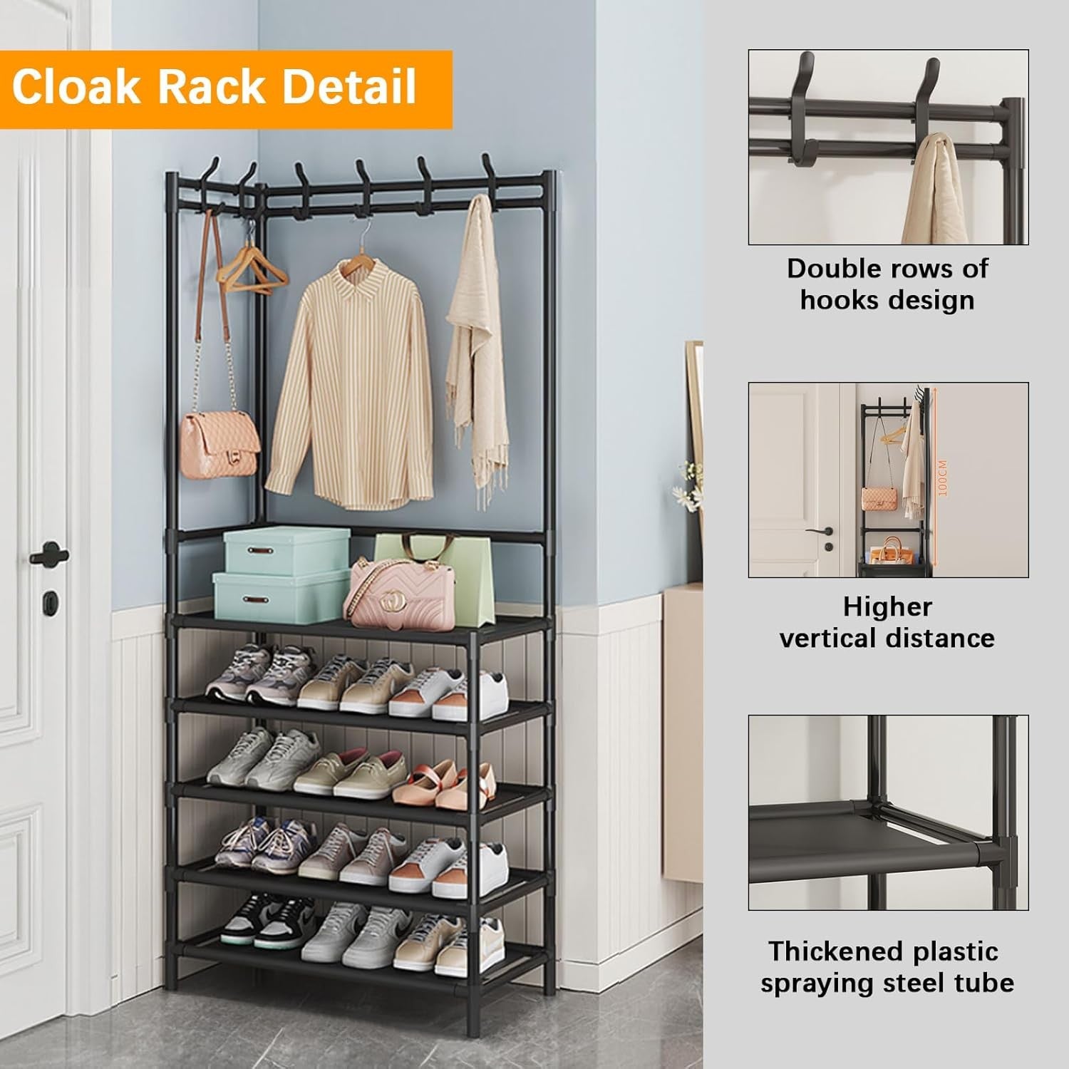 Black 5-Tier Coat & Shoe Rack | Hallway Storage Stand with Hooks & Shelves