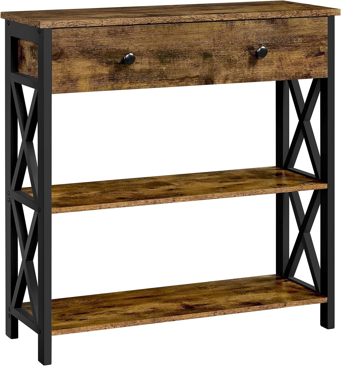 Rustic Industrial Console Table with Drawer & 2 Shelves - Sturdy Metal Frame