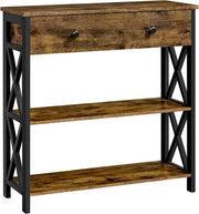 Rustic Industrial Console Table with Drawer & 2 Shelves - Sturdy Metal Frame