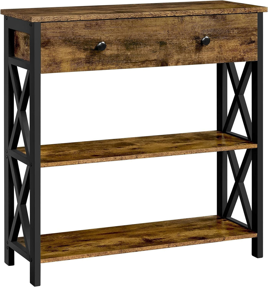 Rustic Industrial Console Table with Drawer & 2 Shelves - Sturdy Metal Frame