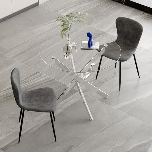 Round Glass Dining Table Set with 4 Grey Velvet Chairs Modern Chrome Legs 100cm