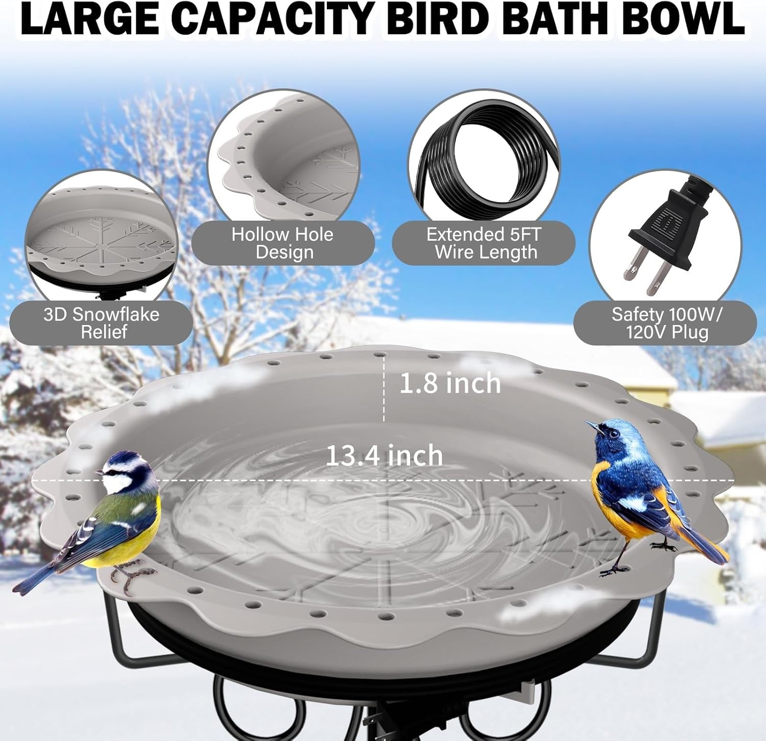 Heated Bird Bath Outdoor Water Feeder 100W Thermostat Grey Metal Stand Winter