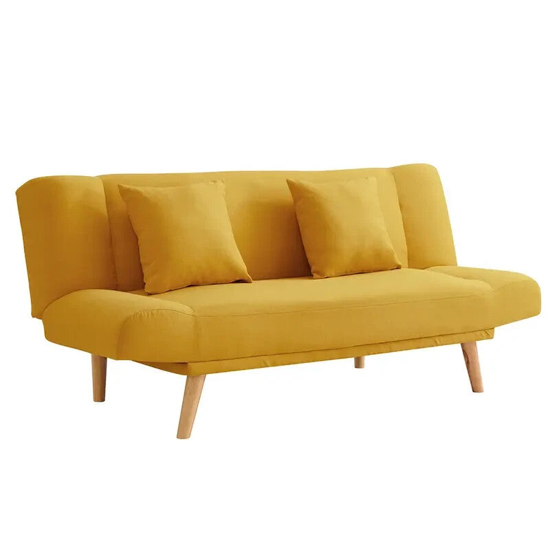 Mustard Yellow 3 Seater Click Clack Sofa Bed Cushions Modern Wood Legs