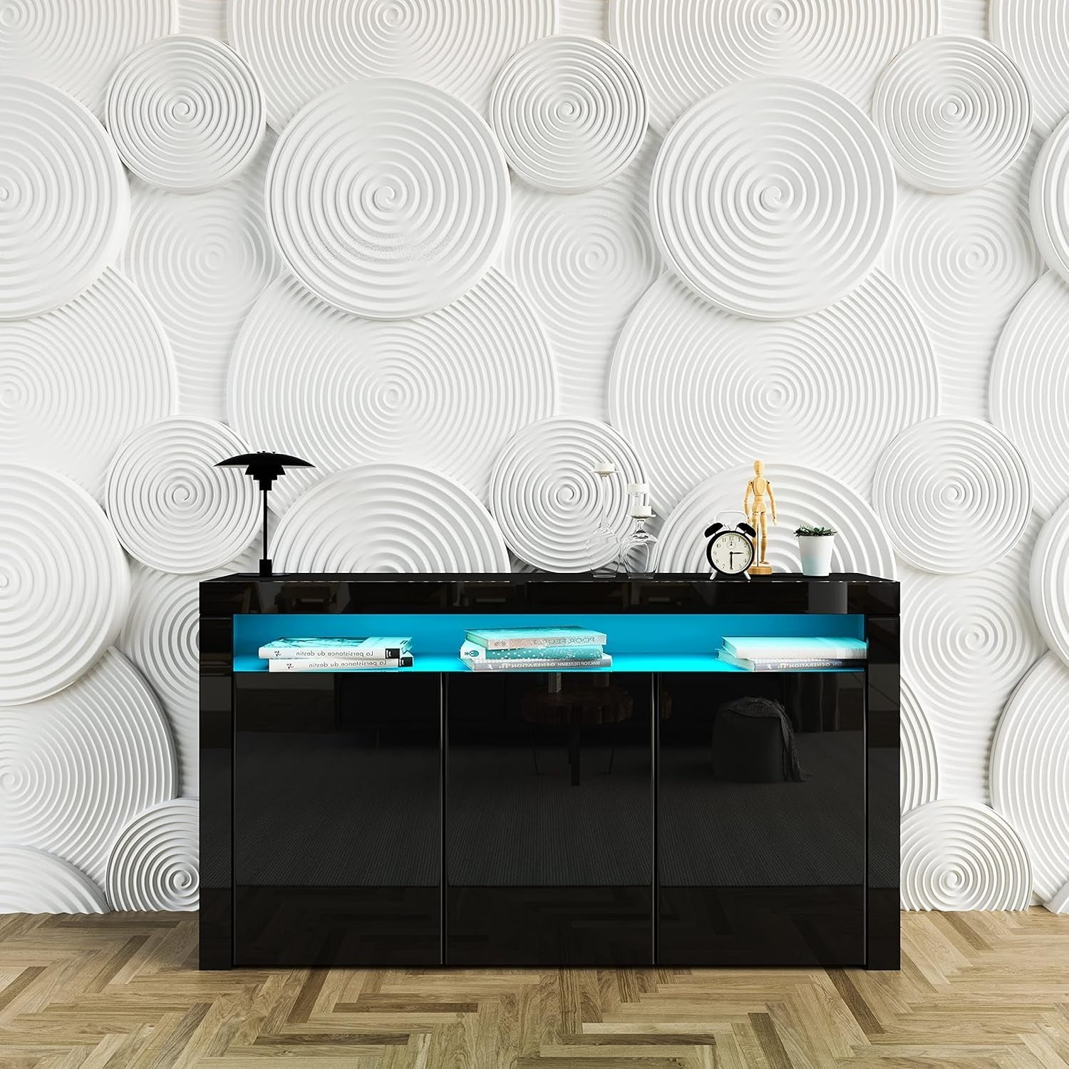 High Gloss Sideboard Cabinet with LED Lights, 3 Doors & Drawers, Modern Black