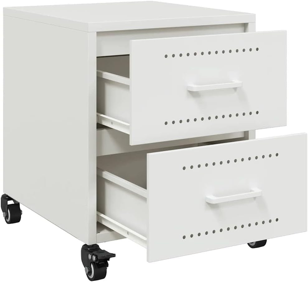 Set of 2 White Metal Bedside Tables with Wheels | Modern Rolling Nightstands