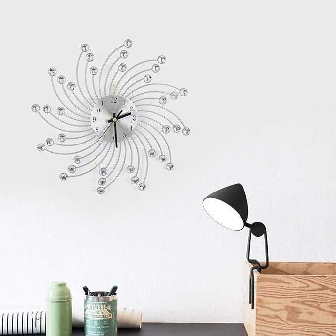 Stylish Silver 3D Crystal Wall Clock Silent Modern Diamond Design 30cm Home