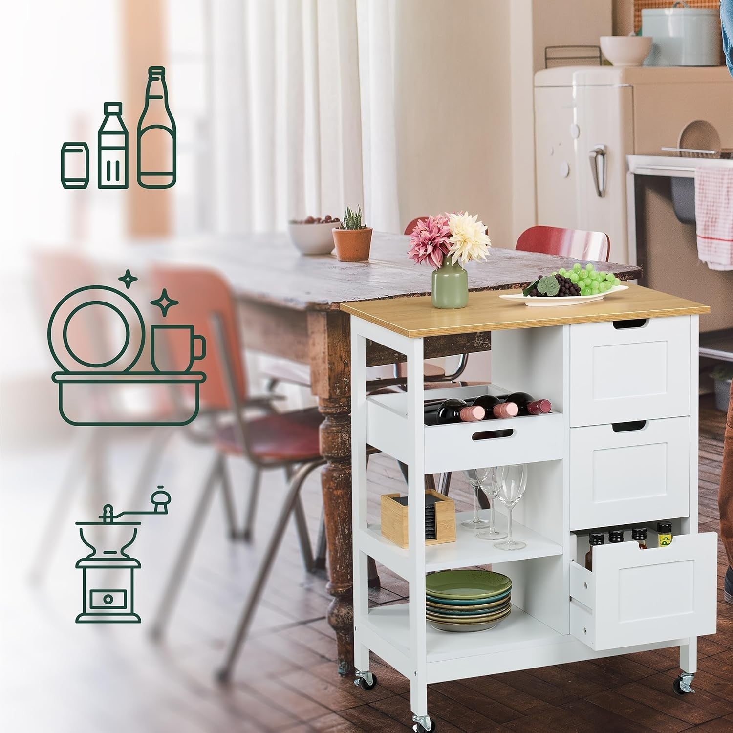 Rolling Kitchen Island Cart with 3 Drawers, Shelves & Wood Top, Grey/Natural