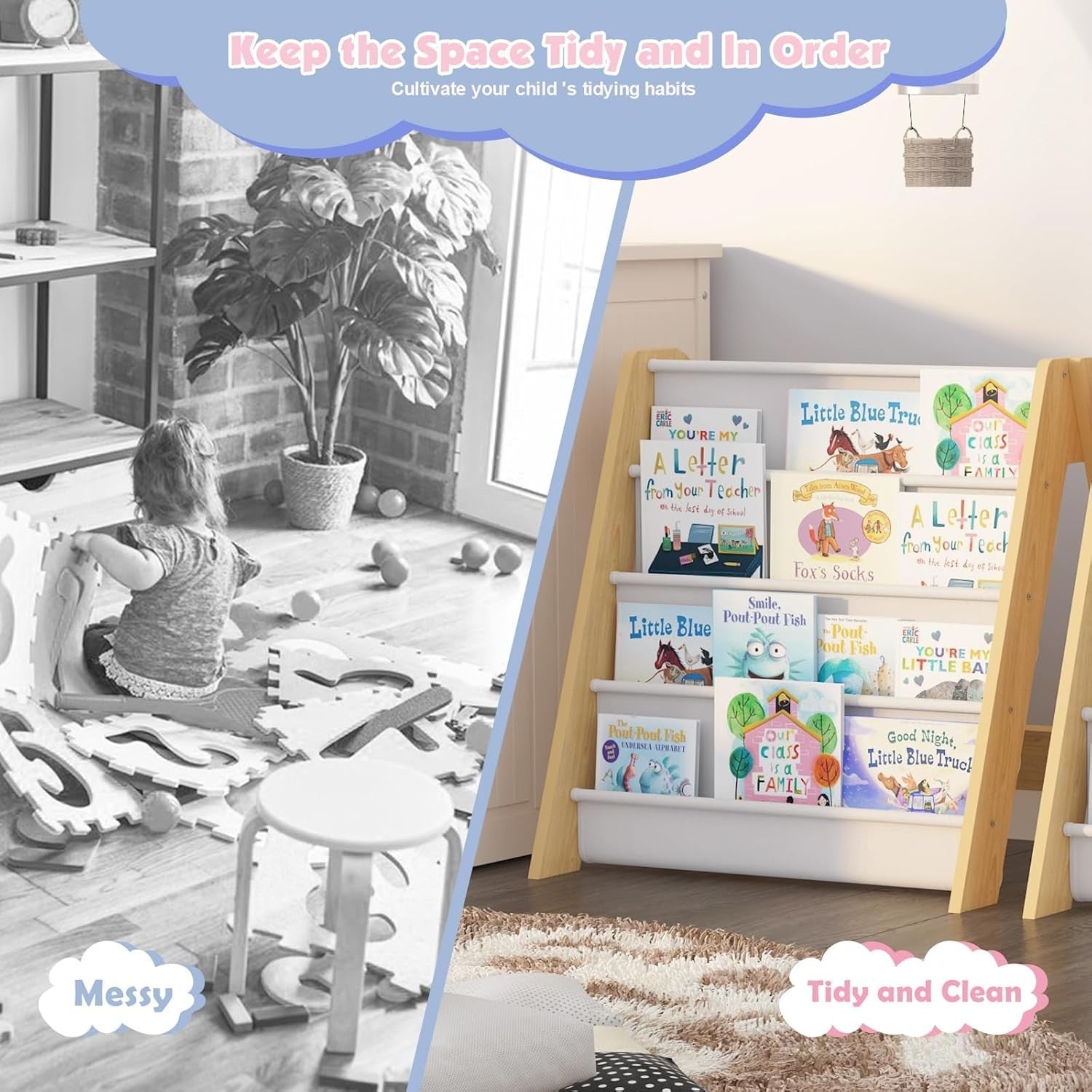Kids 4 Tier Foldable Bookshelf with Deep Fabric Pockets, Durable Book Storage