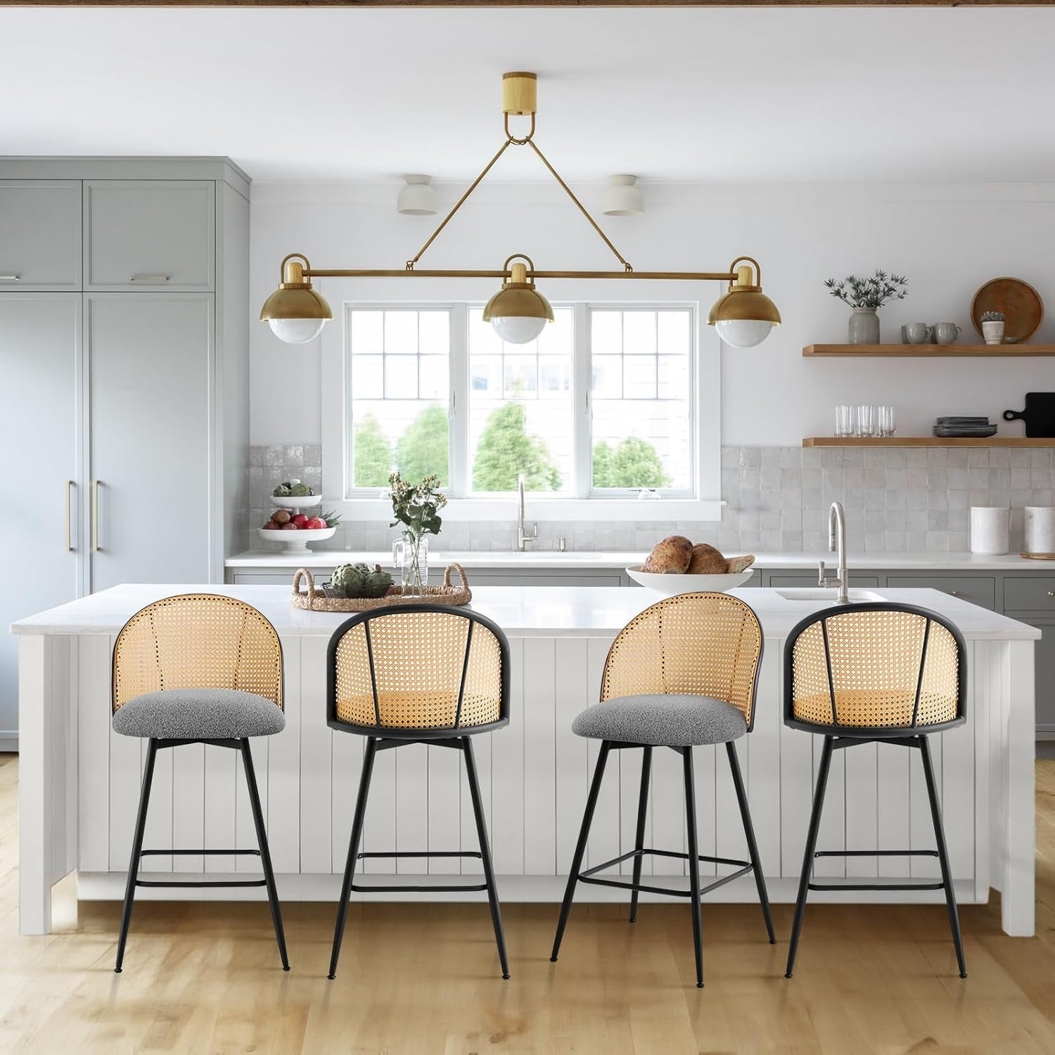 Swivel Bar Stools Set of 4 Rattan Back Upholstered Counter Height Kitchen Seats