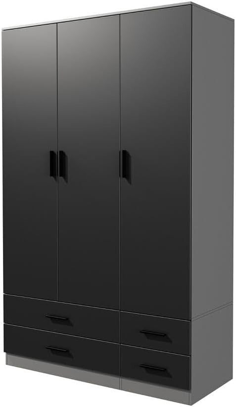 Black & Grey 3 Door Wardrobe 4 Drawers Rail Bedroom Cupboard Storage Modern