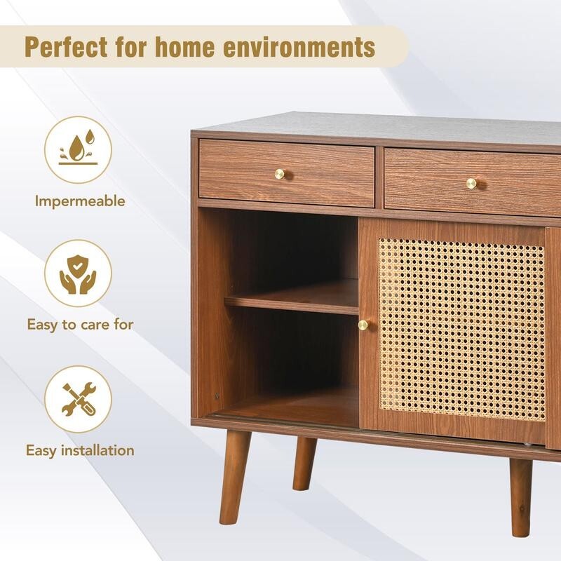 Retro Rattan Sideboard Cabinet 3 Drawer 3 Door Wooden Storage for Living Room