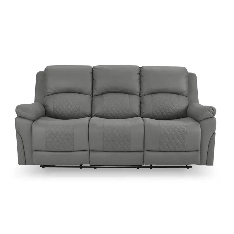 3 Seater Manual Recliner Sofa in Grey Air Leather with Diamond Stitching