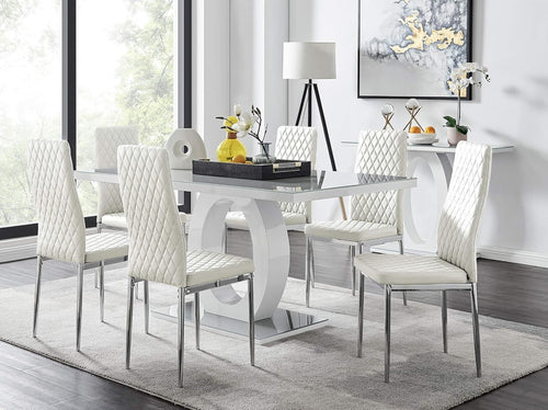 Glass Dining Table & 6 White Faux Leather Chairs – Modern High Gloss Set