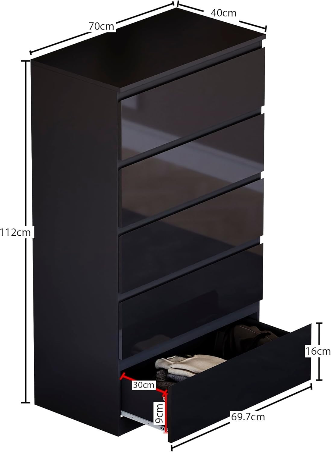 Black High Gloss 5 Drawer Chest Modern Storage Cabinet Bedroom Organizer