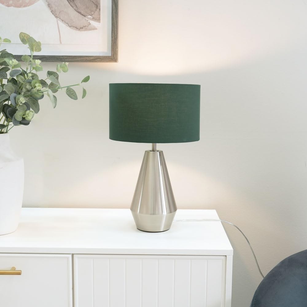 Silver Touch Dimmer Table Lamp Green Drum Shade Bedside LED Light