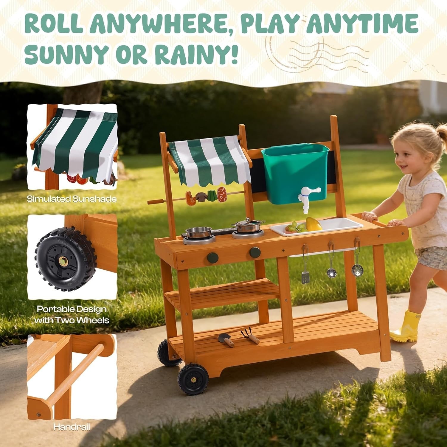 Kids Outdoor Mud Kitchen Wooden Playset Water Sink BBQ Cooking Toy