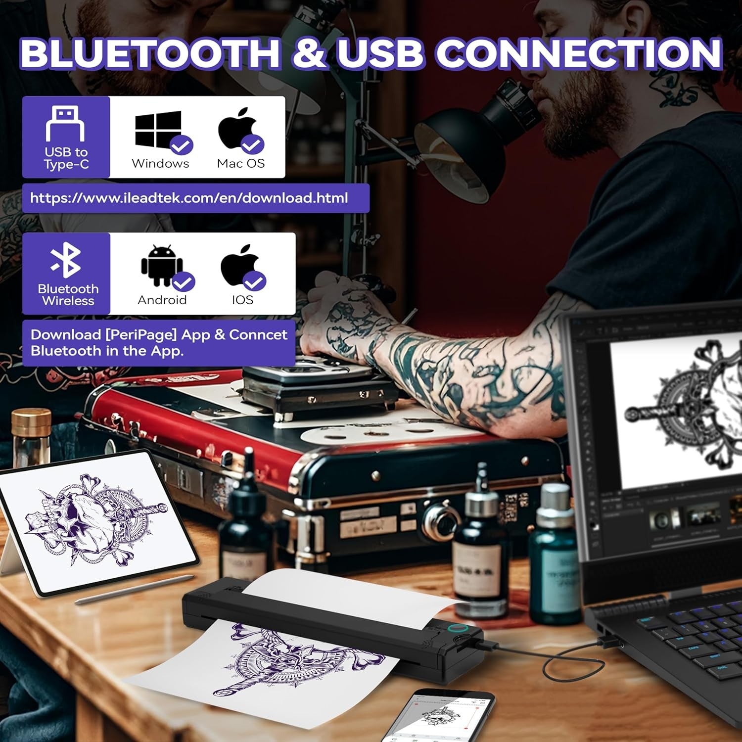 Wireless Tattoo Stencil Printer Thermal Transfer Machine Portable Bluetooth