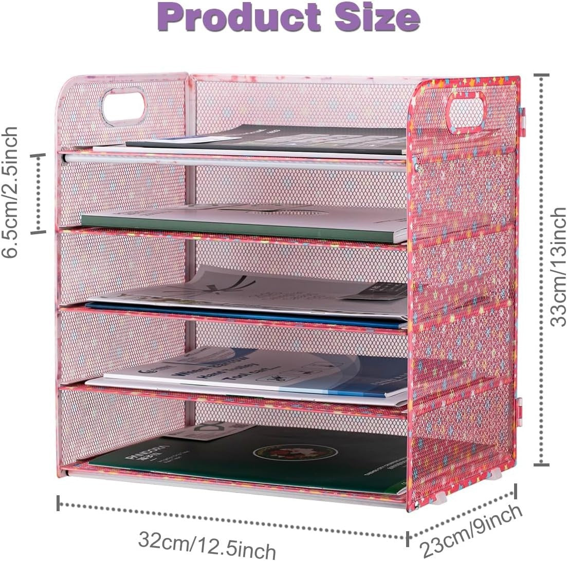 5-Tray Desk Organizer Paper File Holder with Handle Floral Desktop Storage