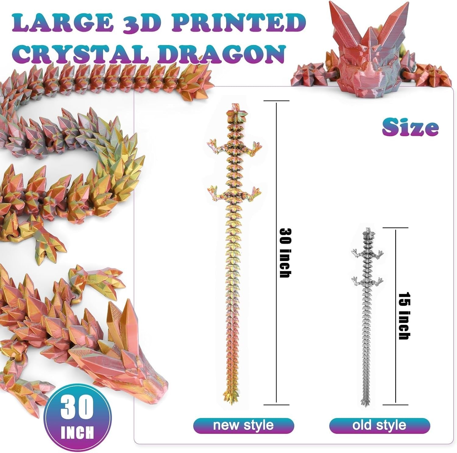 Large 3D Printed Crystal Dragon Articulated Fidget Desk Decor Gift