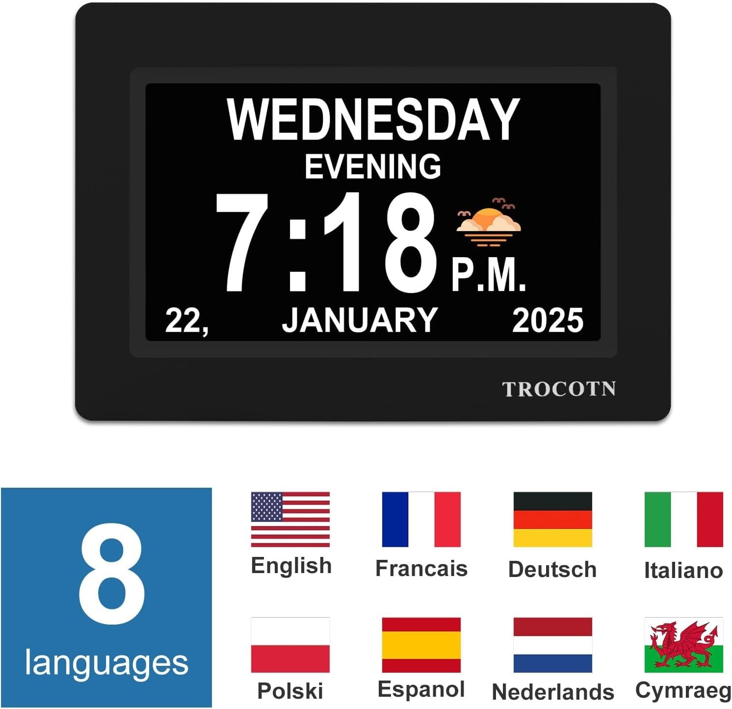 7” Dementia Digital Clock Large Day Date Display Auto Dimming Elderly