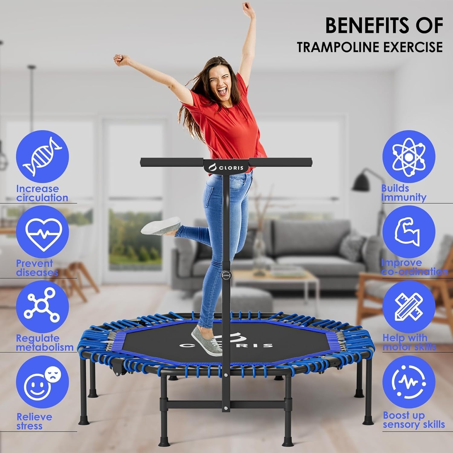 48” Foldable Fitness Trampoline Rebounder Adjustable Handle 450lbs