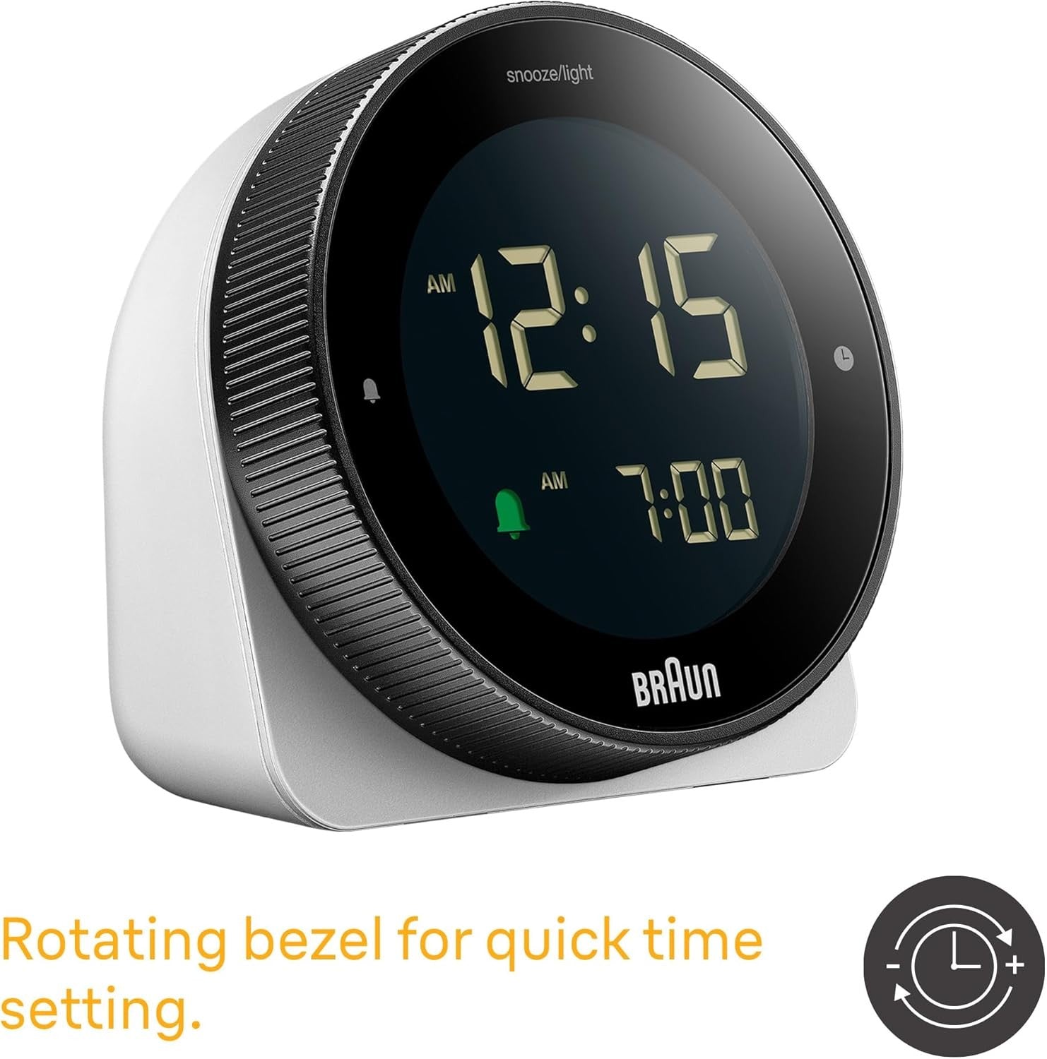 Digital Alarm Clock Negative LCD Rotating Bezel Snooze Crescendo Beep