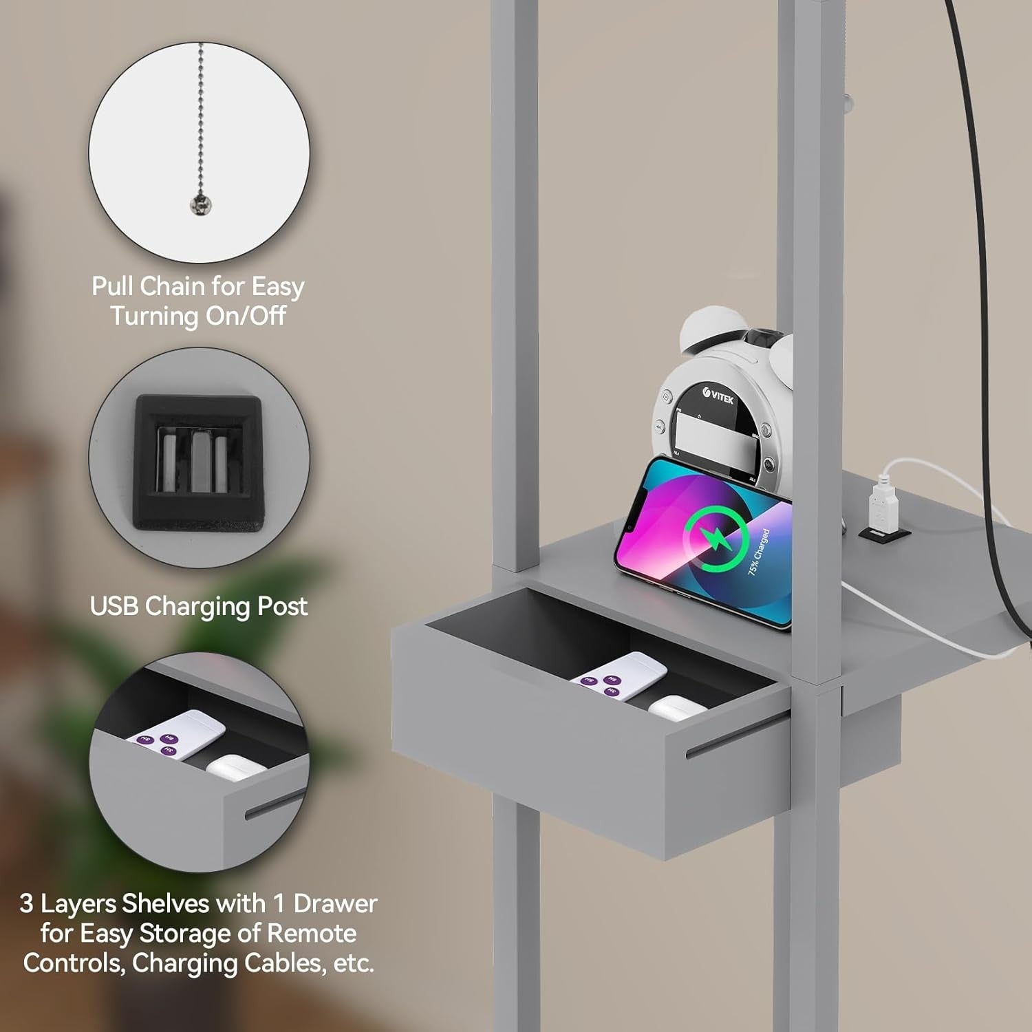 Floor Lamp with Shelves Storage LED Light USB Charging Drawer Modern Grey