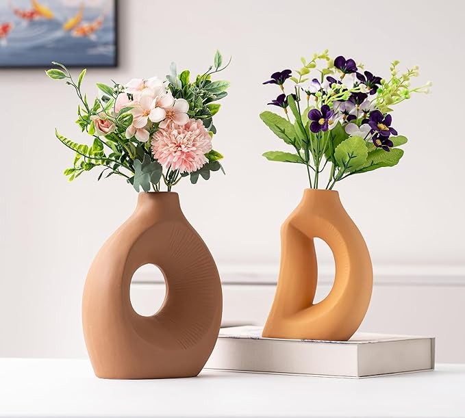 Ceramic Vase Set of 2 Hollow Minimalist Modern Decor for Pampas Grass