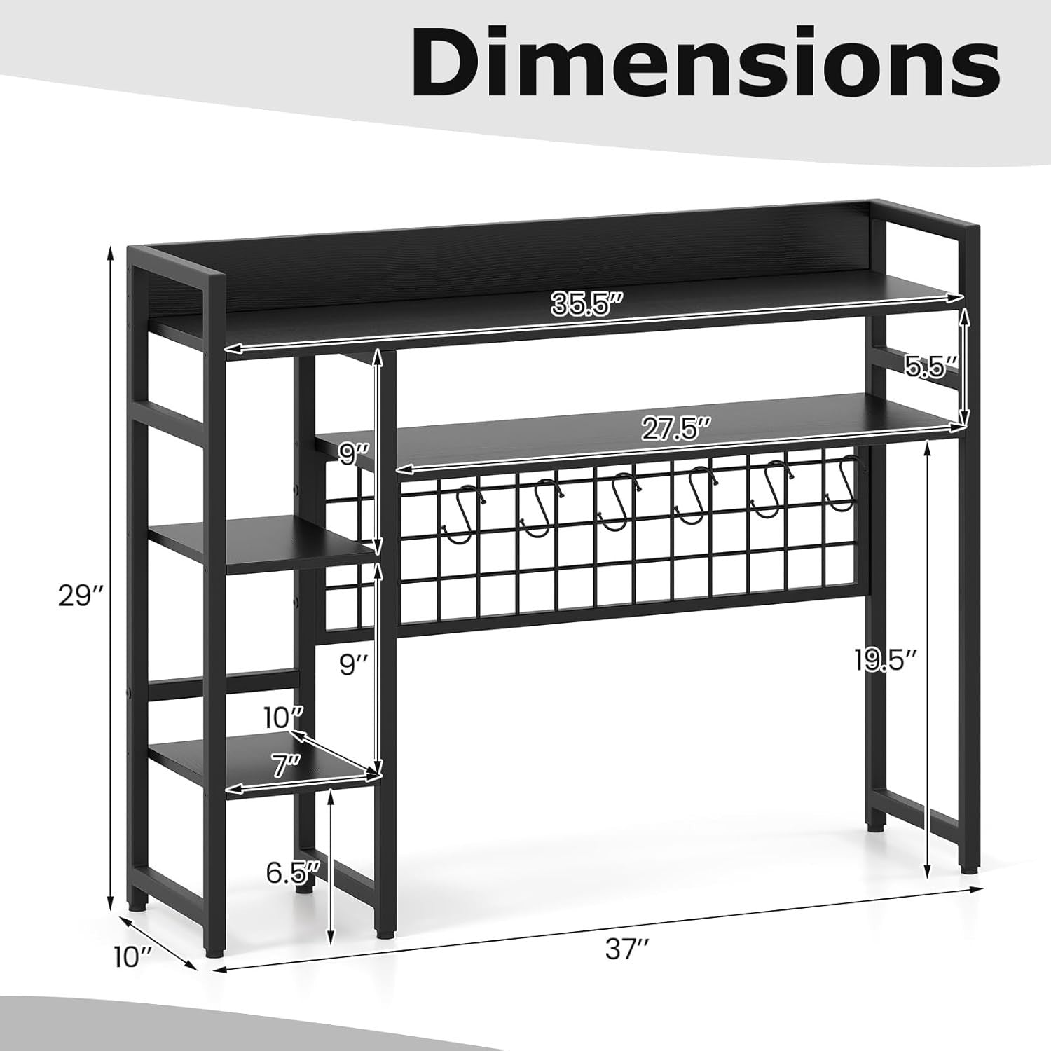 37" Desk Hutch Shelf with Grid Panel | 4-Tier Desktop Organizer Rack + Hooks