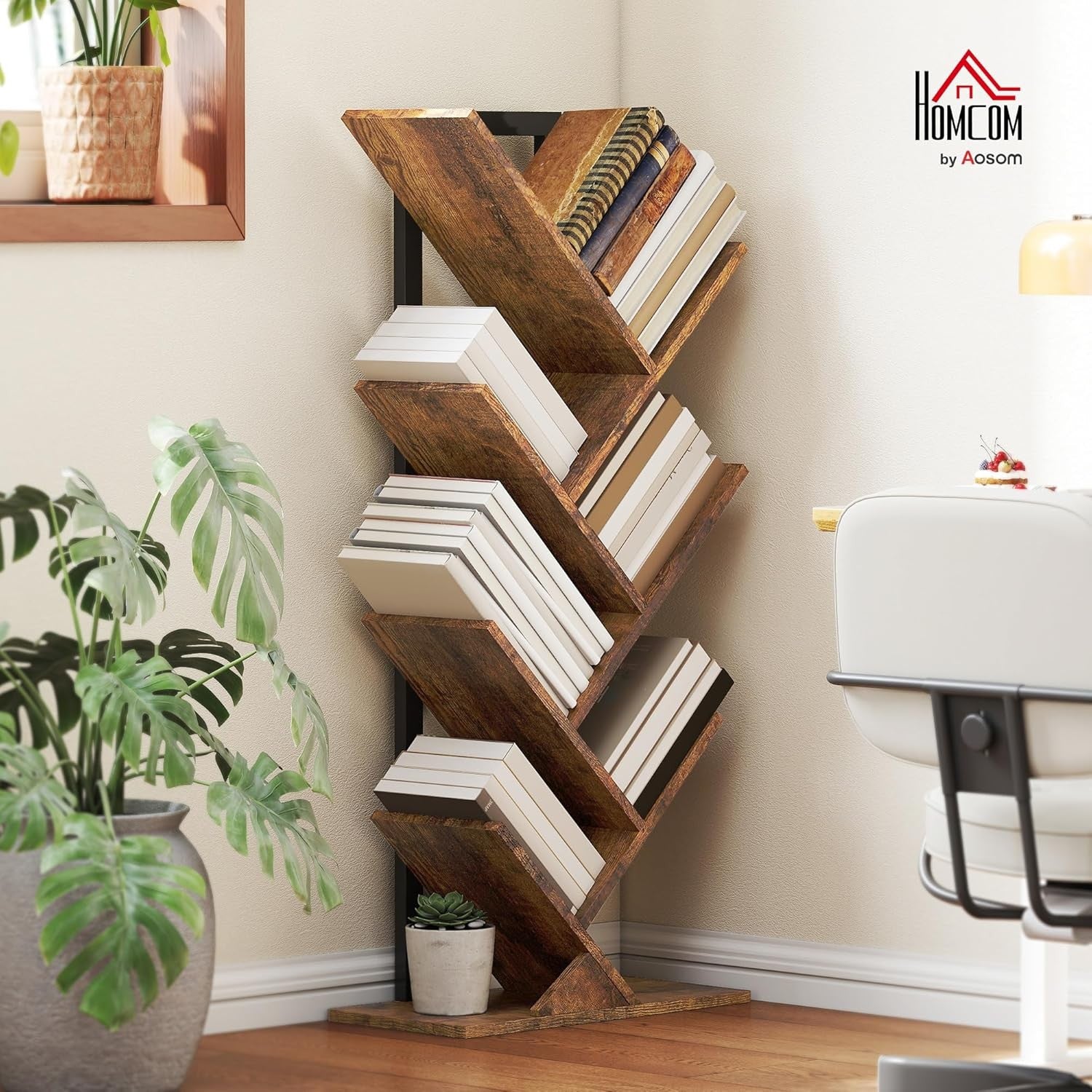 7-Tier Tree Bookshelf Rustic Brown Industrial Bookcase Vertical Space-Saving She