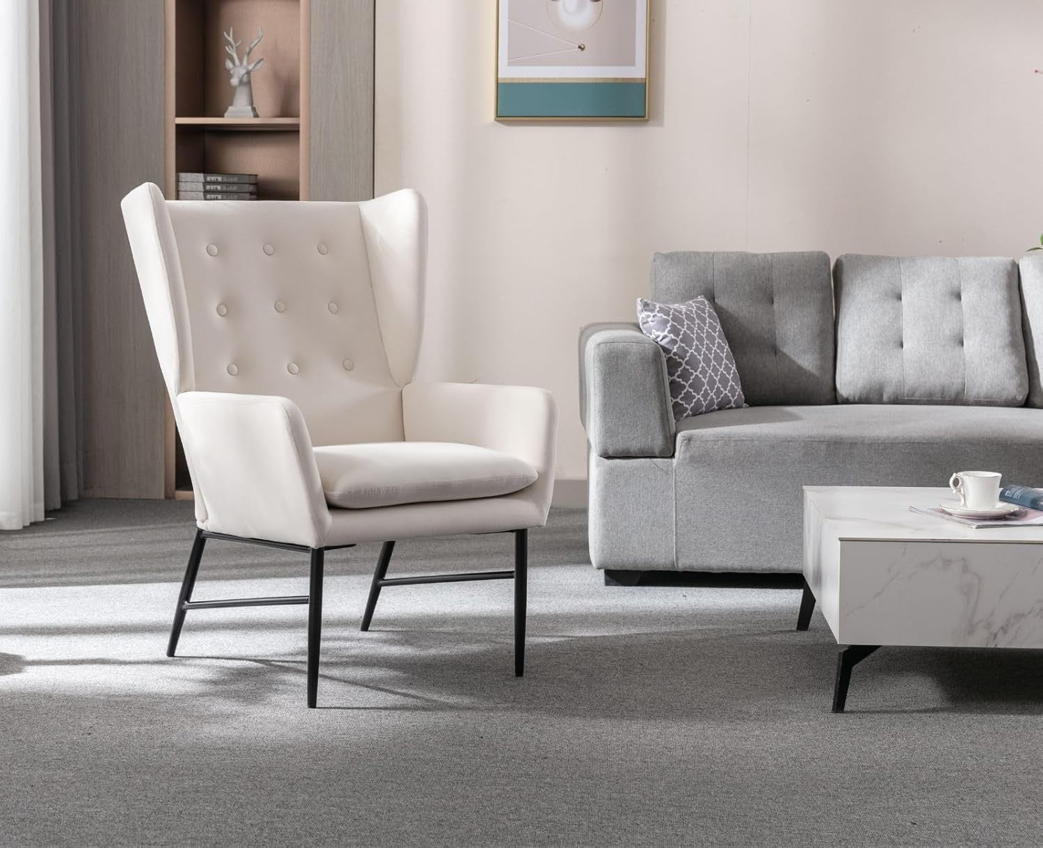 Beige Velvet Accent Armchair Tufted Back Lounge Chair Metal Legs Modern Seat