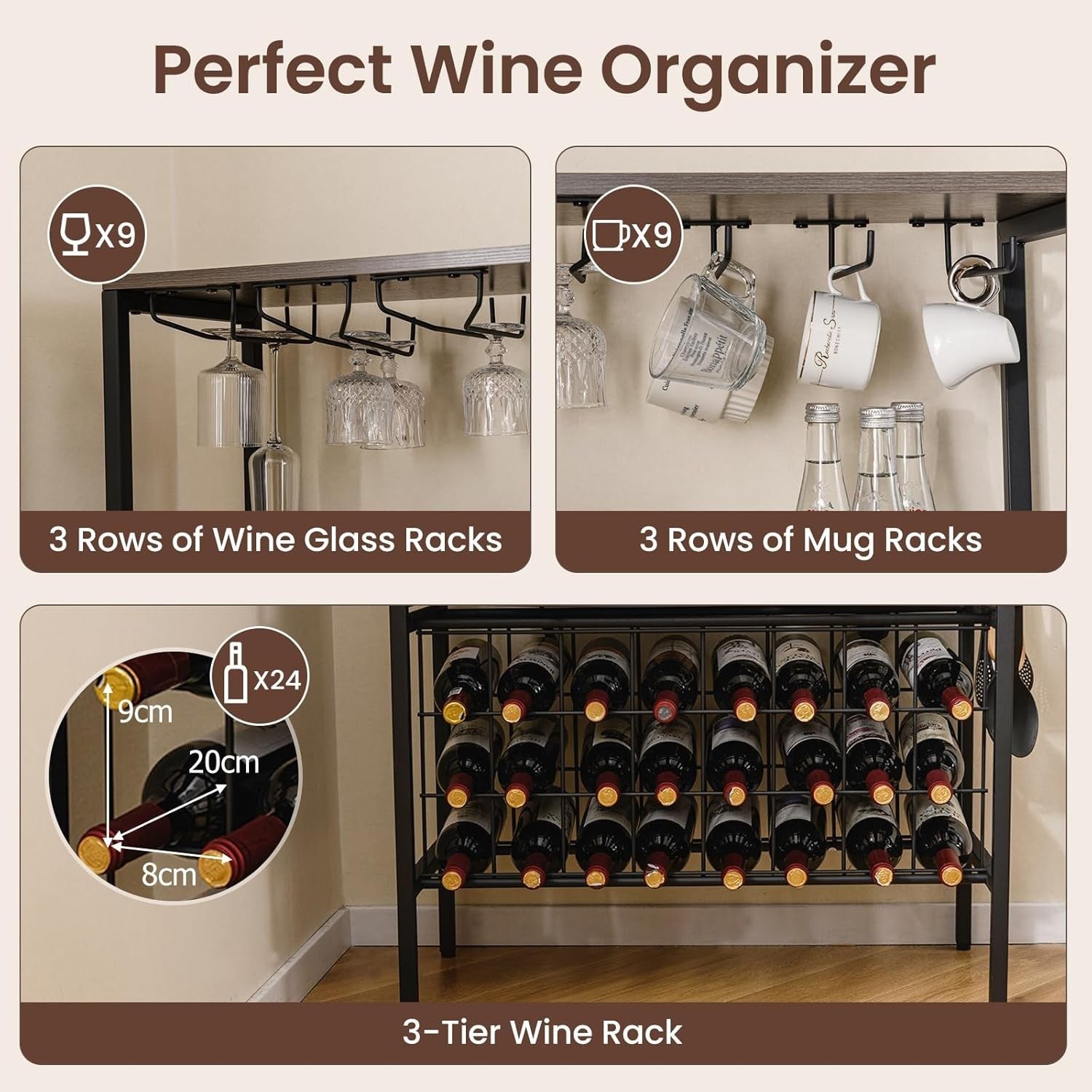 4 Tier Wine Rack Bar Cabinet with Power Outlets, 24 Bottle Storage