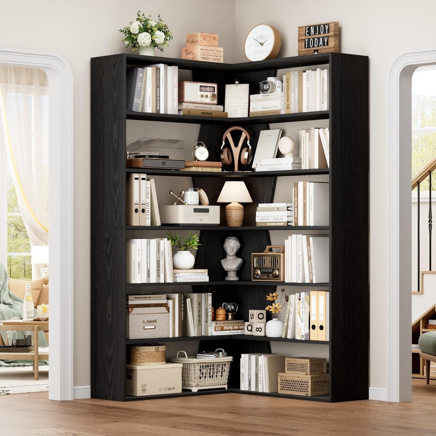 6 Tier White Corner Bookcase L-Shaped Tall Storage Shelf Modern 90x90x190 Black