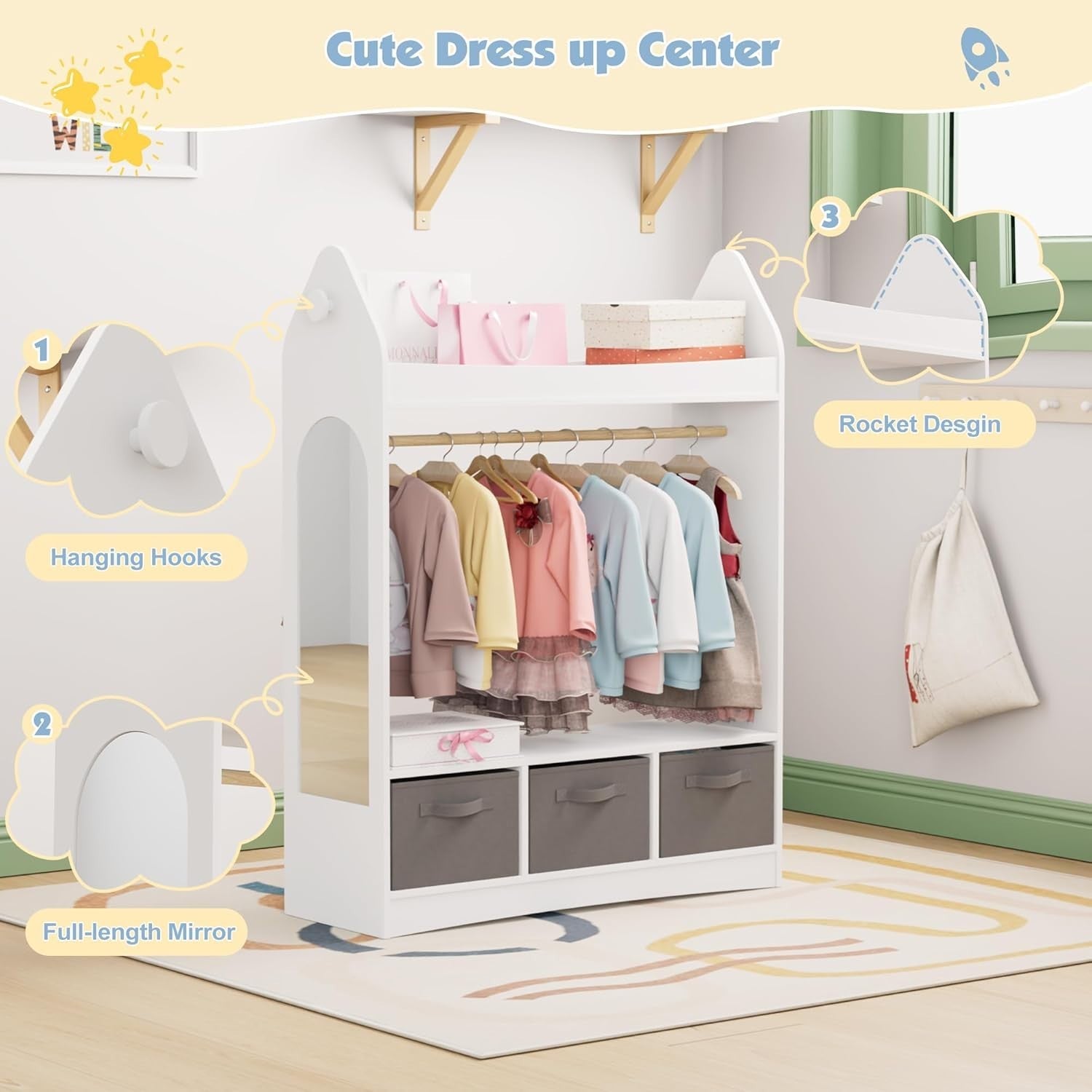 Kids Wardrobe Dress Up Storage with Mirror Costume Rail Closet Armoire White
