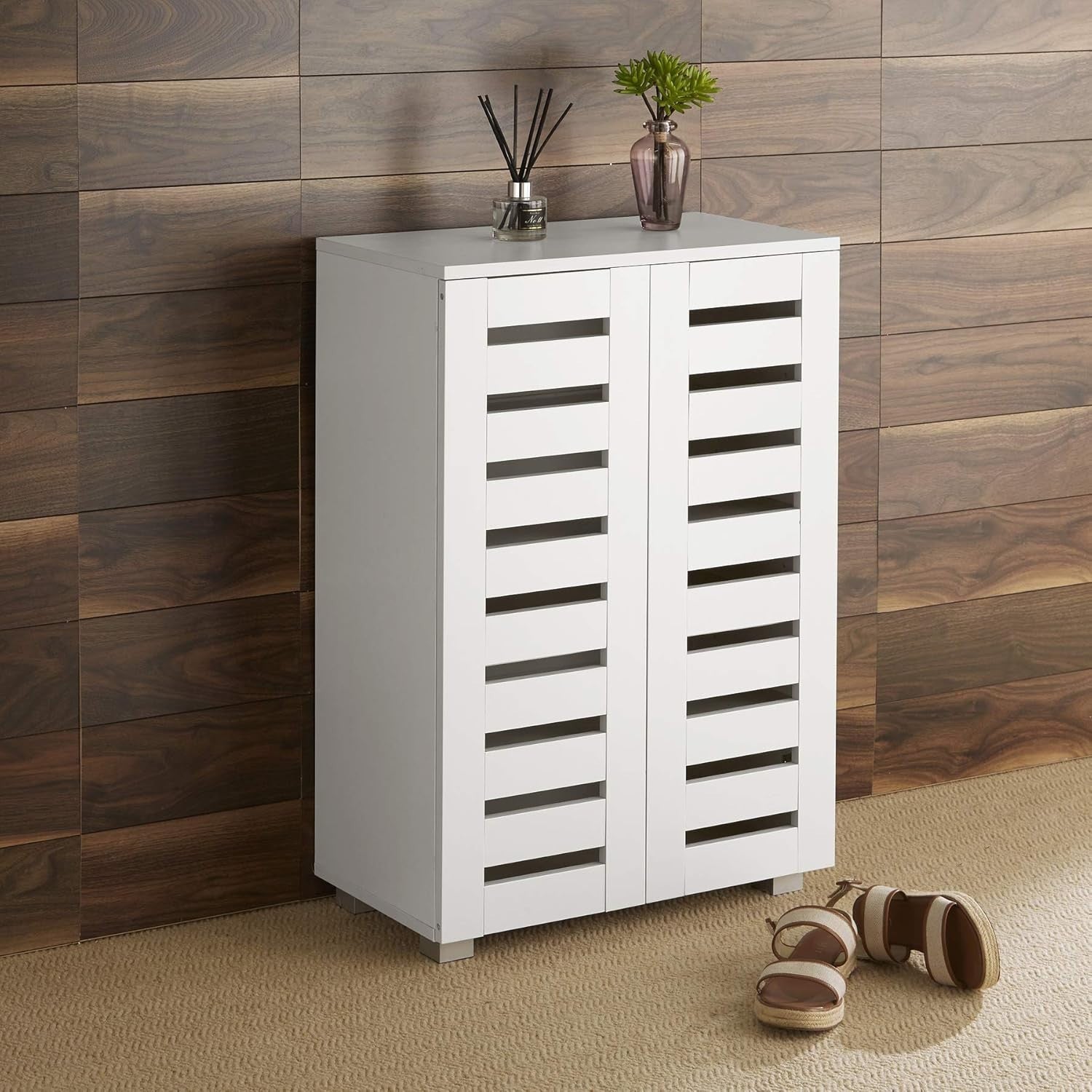 2-Door Wooden Shoe Cabinet with 5 Shelves, 60x33x87 cm White