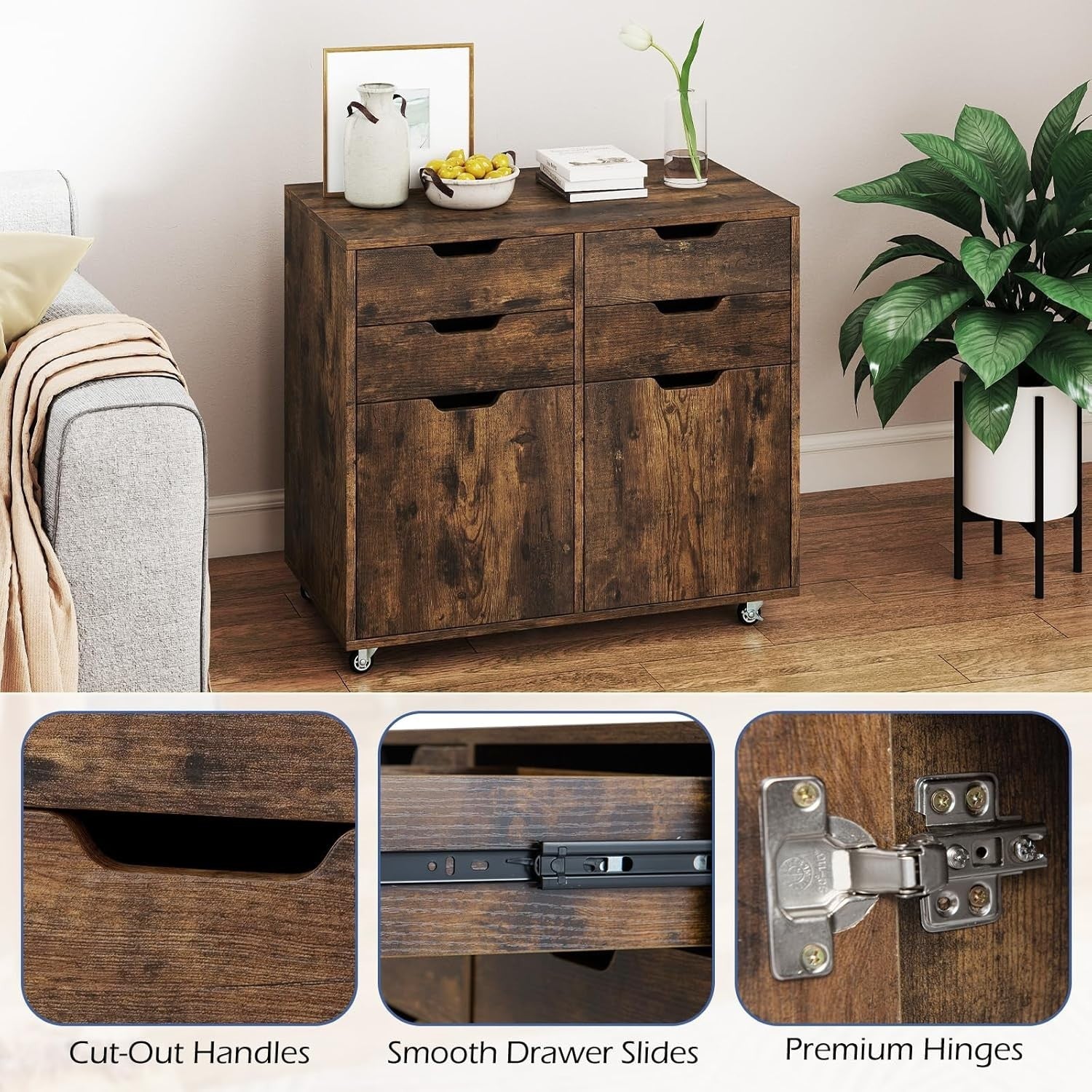 Rustic Brown Mobile File Cabinet 73x40x64cm 4 Drawer Printer Stand