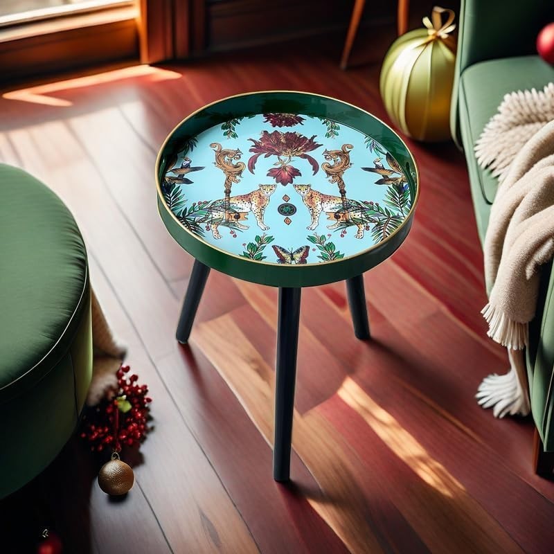 Round Side Table with Detachable Legs – 50x38x38cm Green Leopard