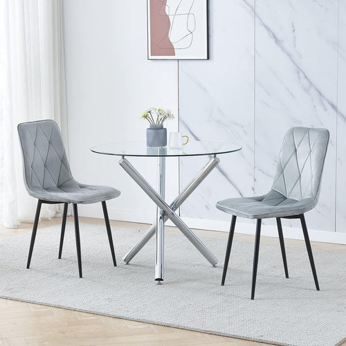 Round Glass Dining Table Set with 2 Grey Velvet Chairs – Compact & Modern