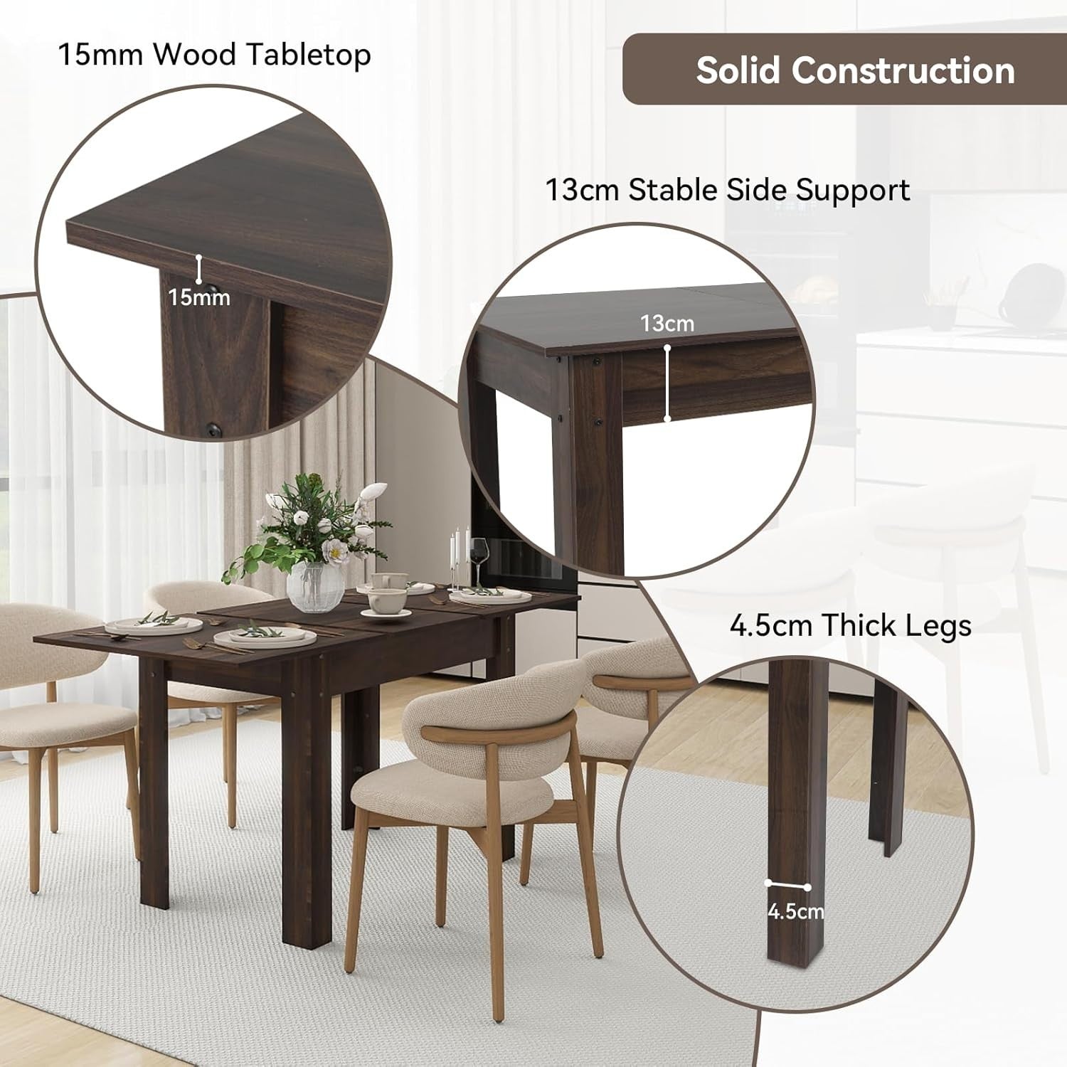Extendable Dining Table 6-8 Seater Brown Wood Kitchen Home Solid Legs