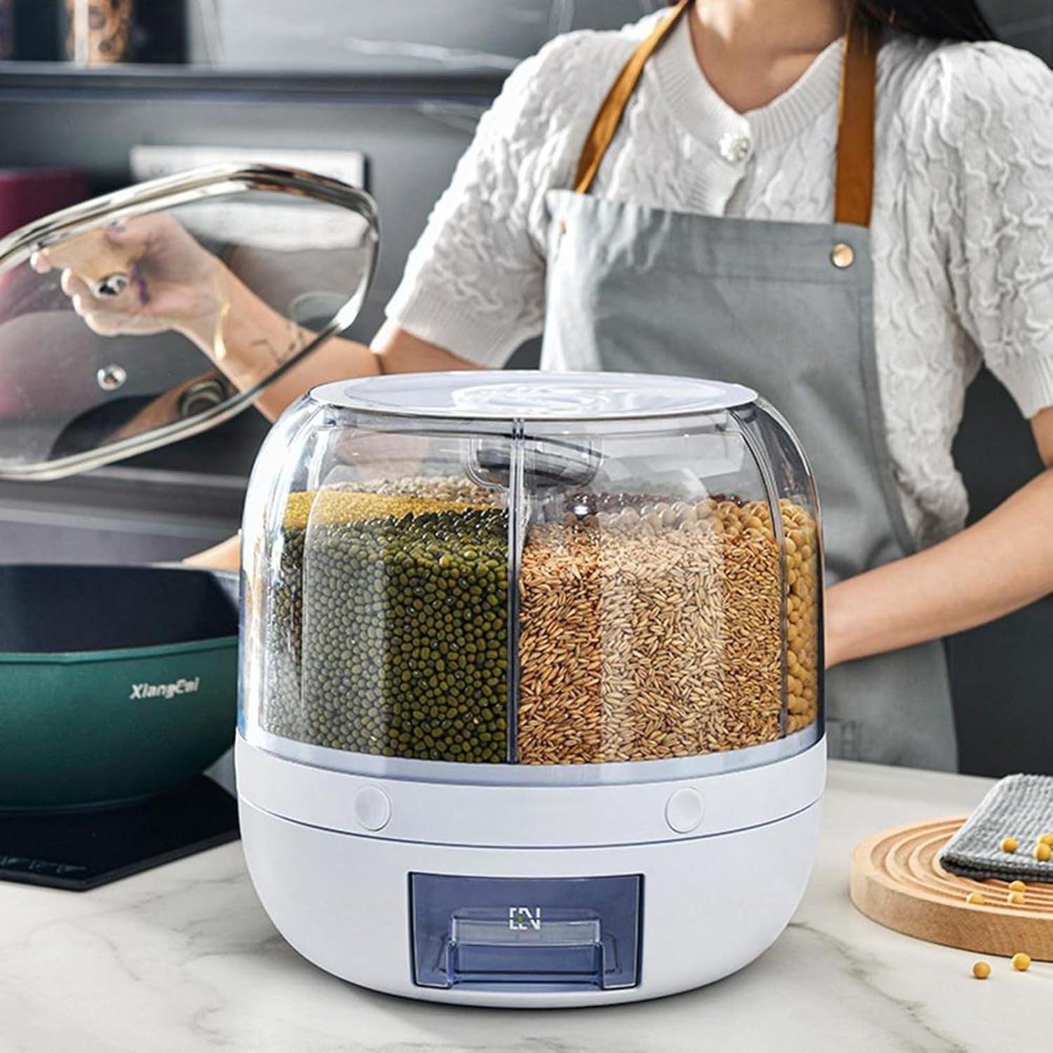 12L Rotating Rice Dispenser 6 Grid Transparent Grain Storage Box