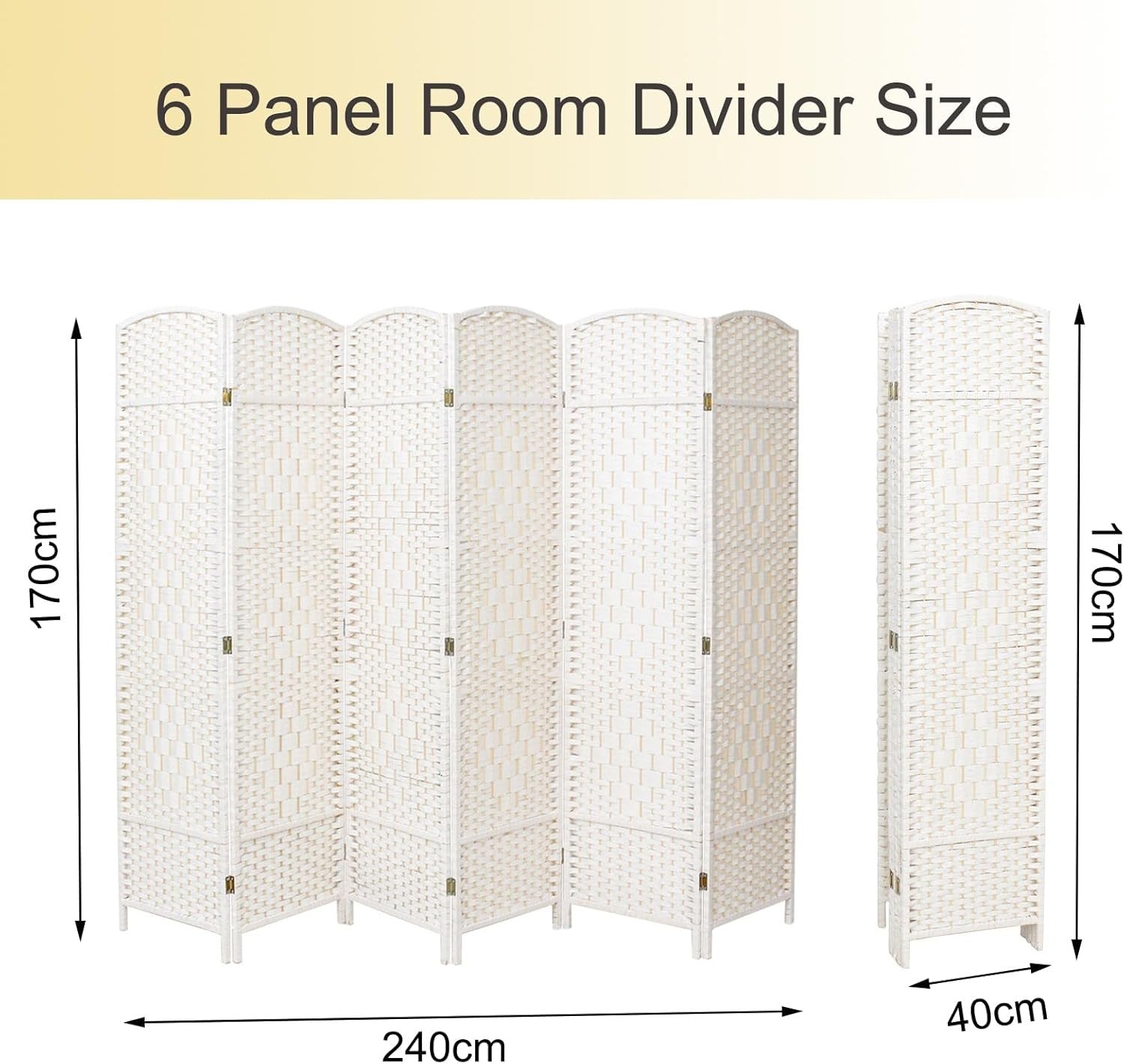 White 6 Panel Wicker Folding Room Divider Handwoven Privacy Screen 170cm