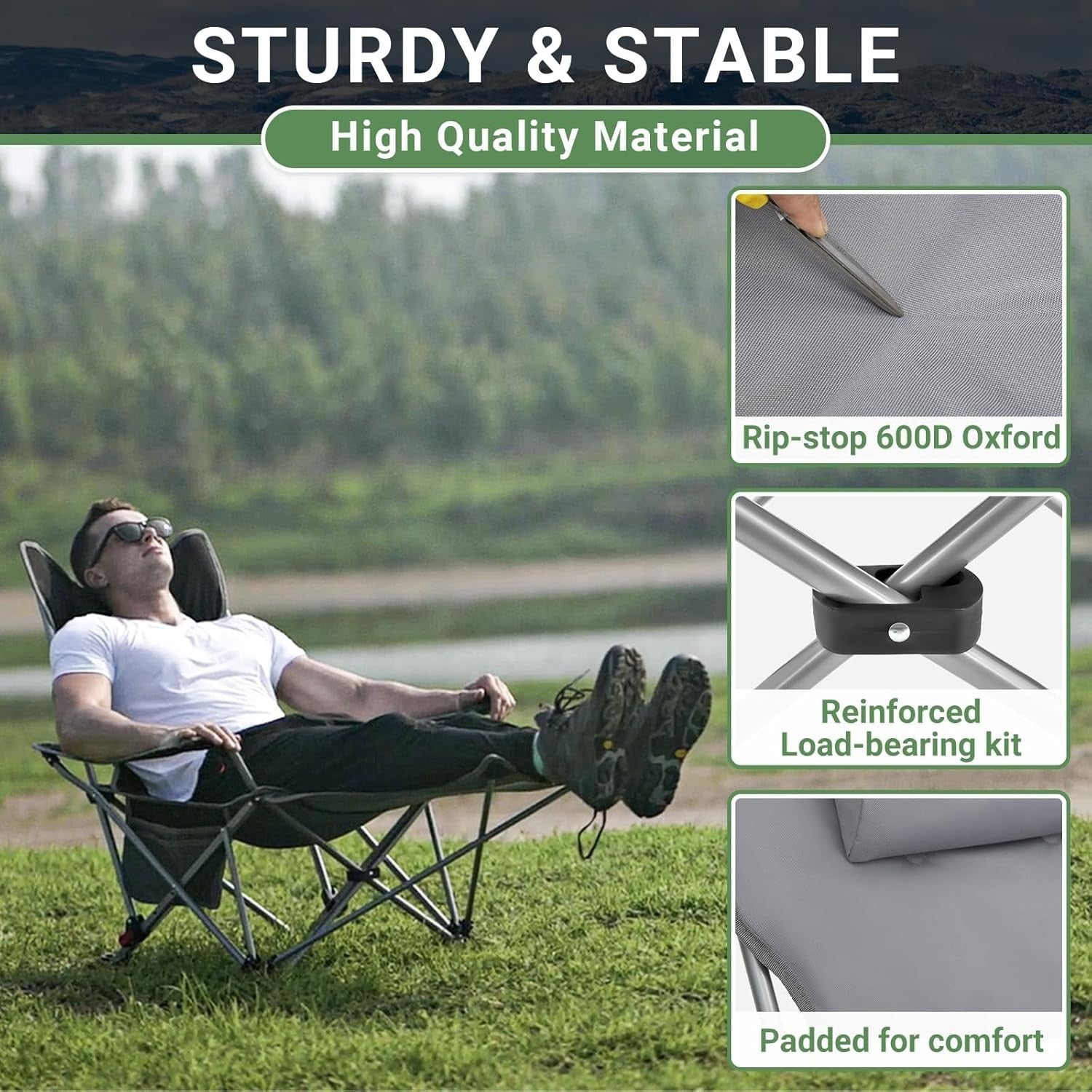 2x Reclining Folding Camping Chairs Padded Footrest Grey Cup Holder