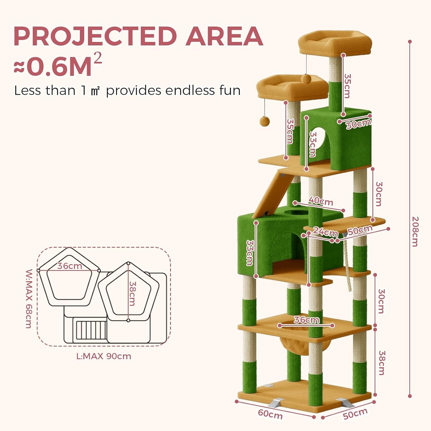 208cm Tall Cat Tree Tower Green Yellow Anti-Tip Multi-Level Condo Scratcher