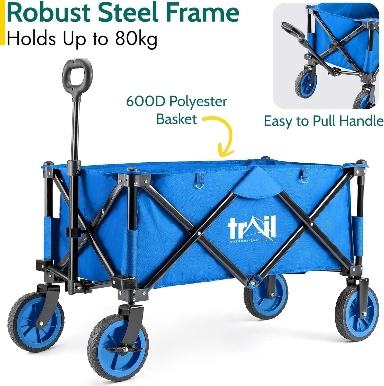 Heavy Duty Folding Camping Trolley 80kg Wagon Cart Big Wheels Adjustable Handle