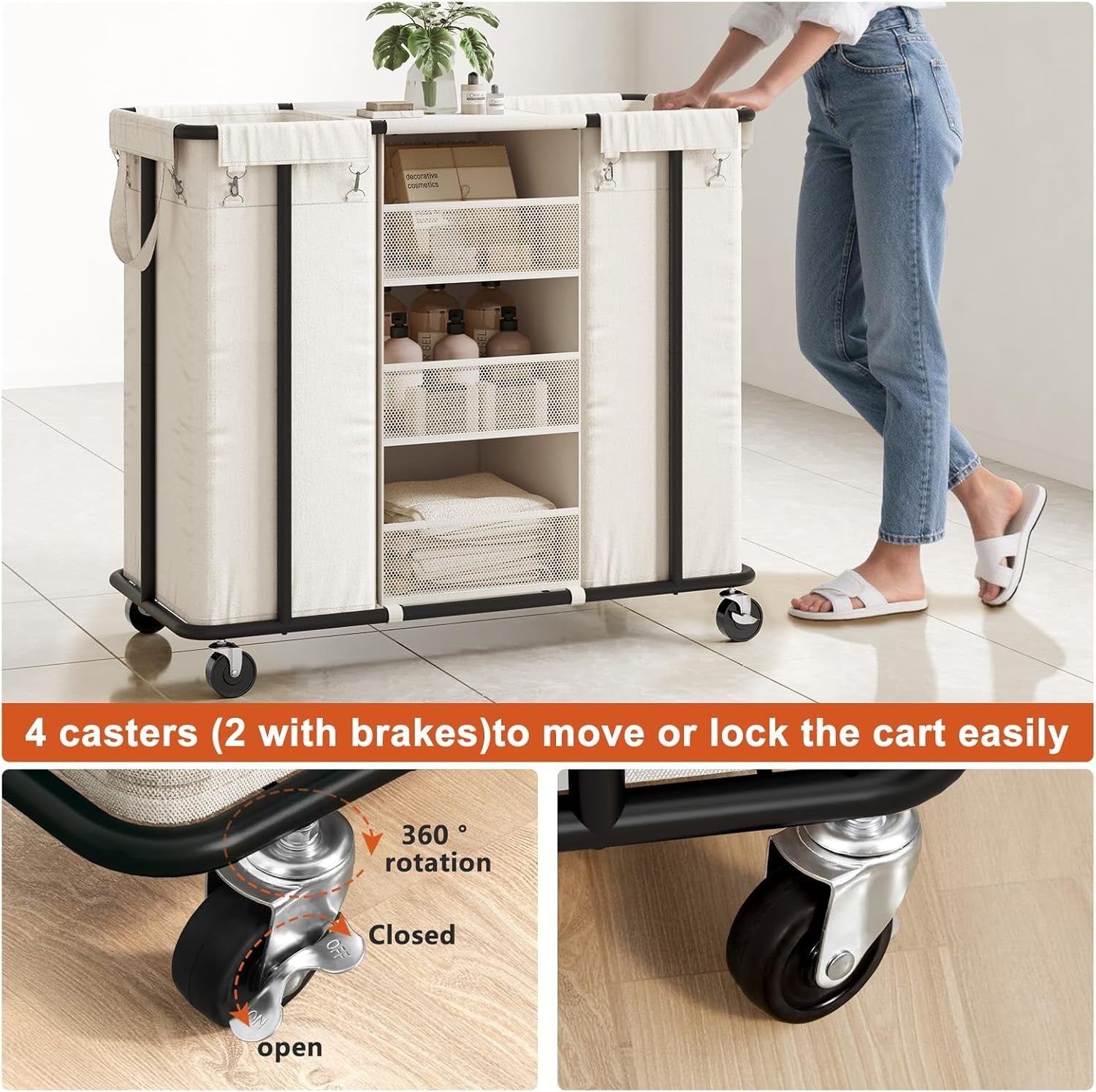 200L Rolling Laundry Sorter 2 Section Cart with Shelves & Hanging Bags Beige