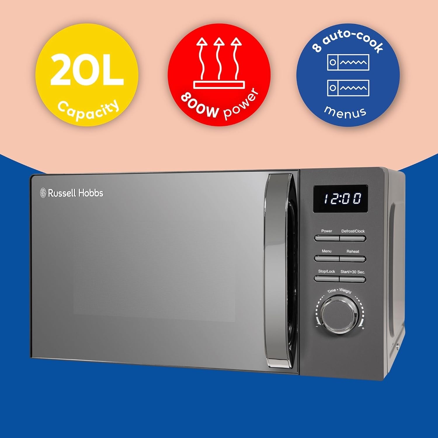 Grey 20L Digital Microwave 800W 5 Power Levels Auto Menus