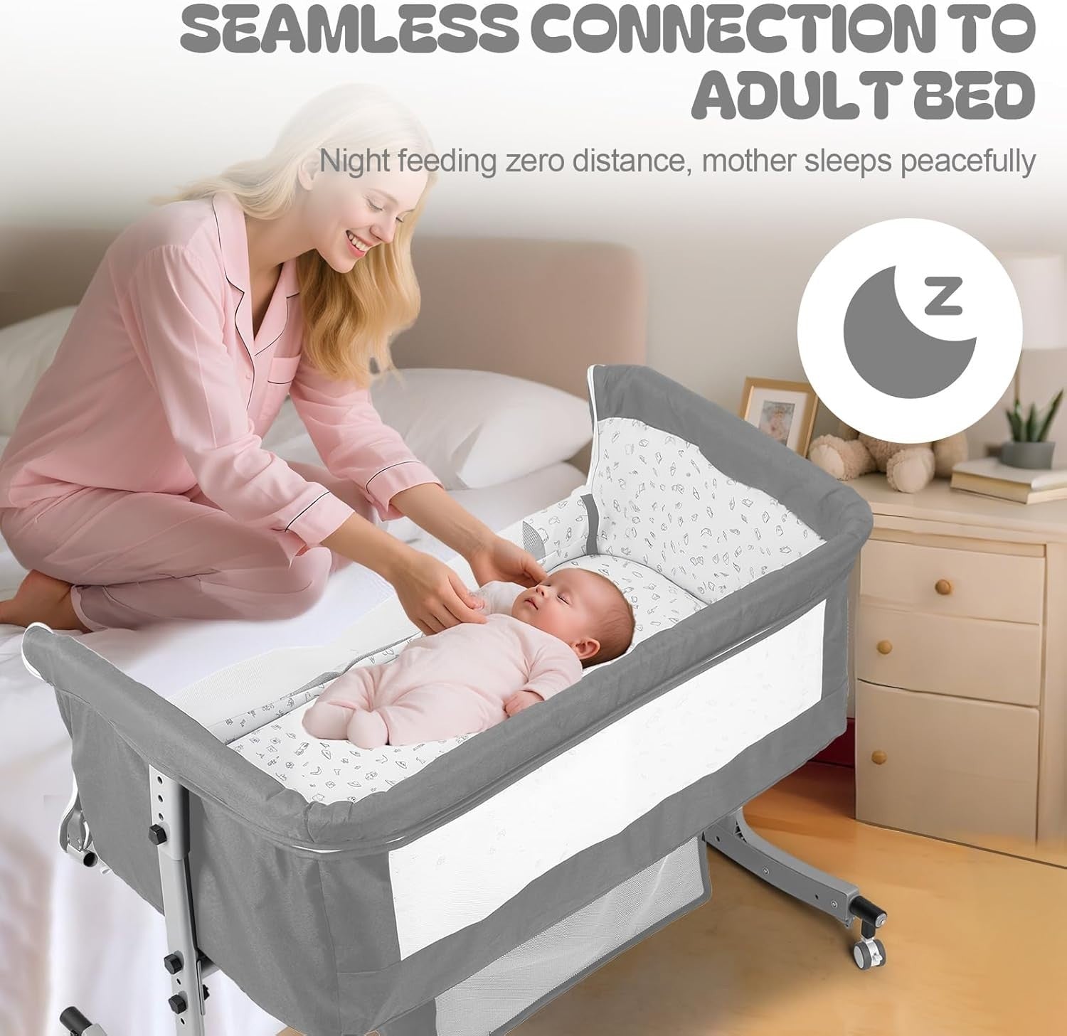 Rocking Bedside Crib with Mosquito Net Wheels Adjustable Height & Storage Grey