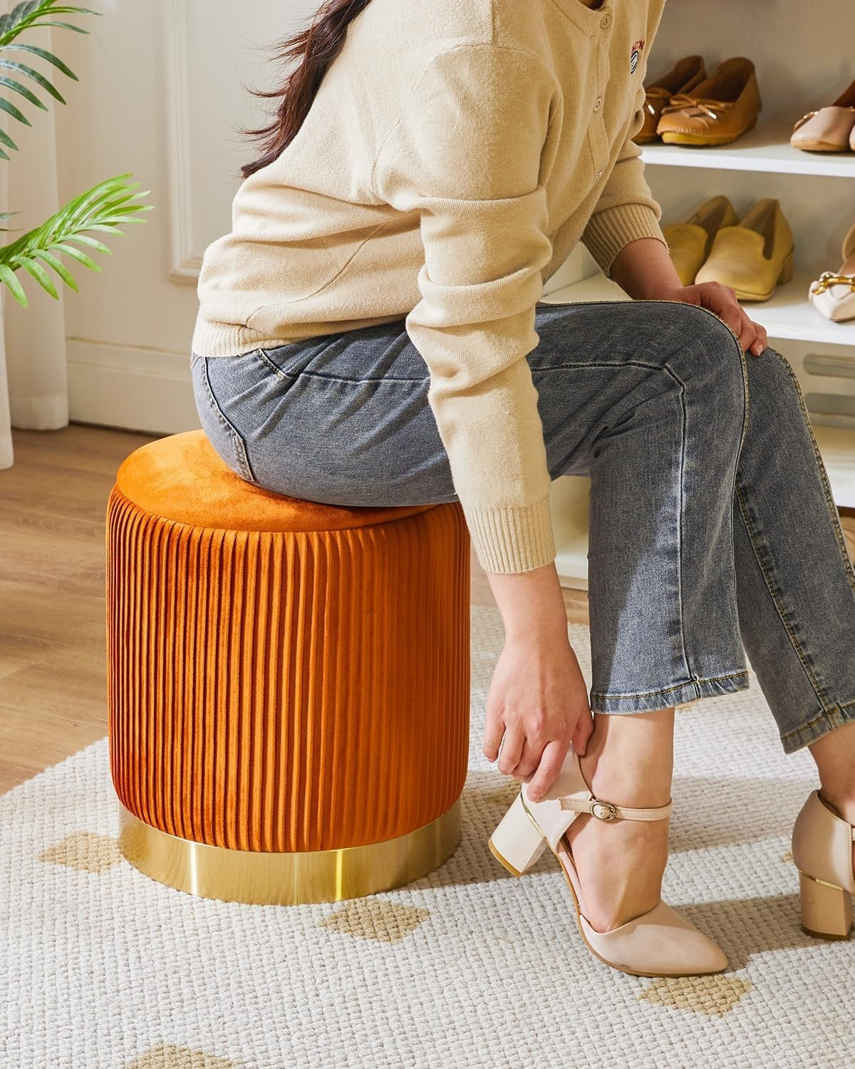 Set of 2 Velvet Storage Ottomans – Round Boucle Footstools & Side Tables Orange