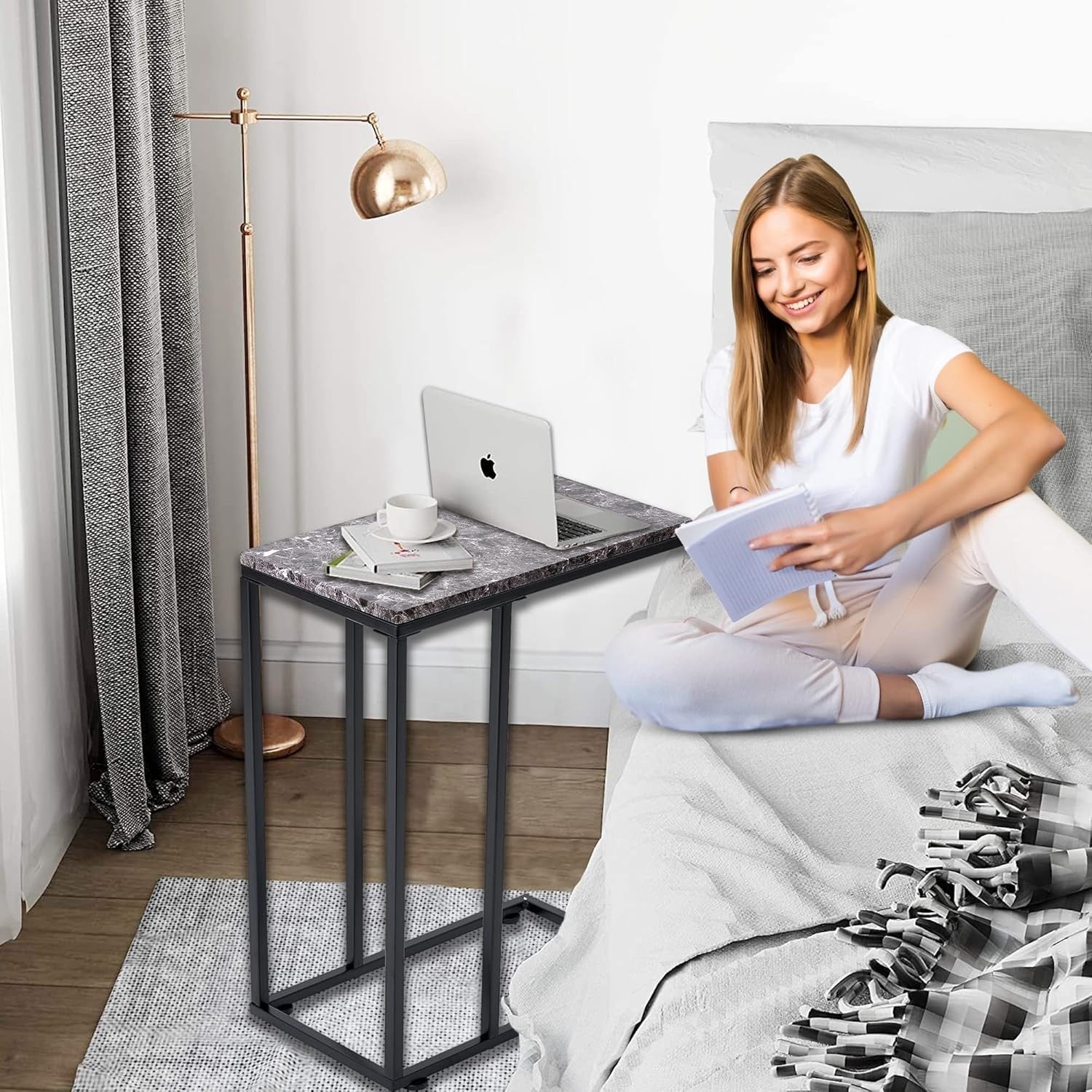 Black Marble C Shaped Sofa Side Table | Slim Coffee Snack Laptop Stand